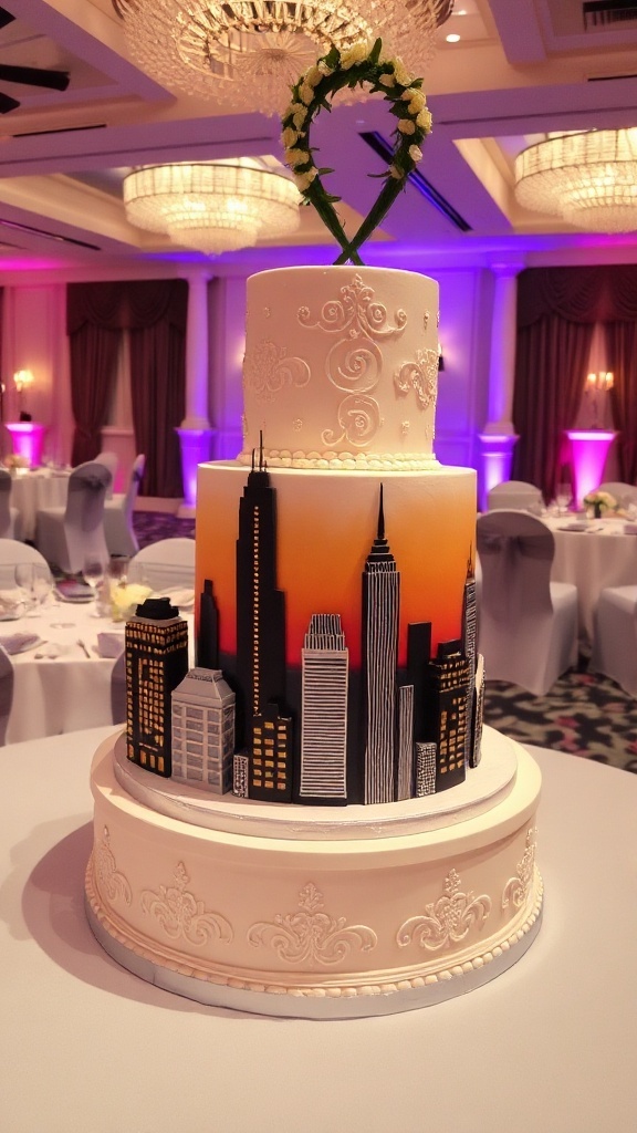 A beautifully decorated wedding cake featuring a city skyline design.