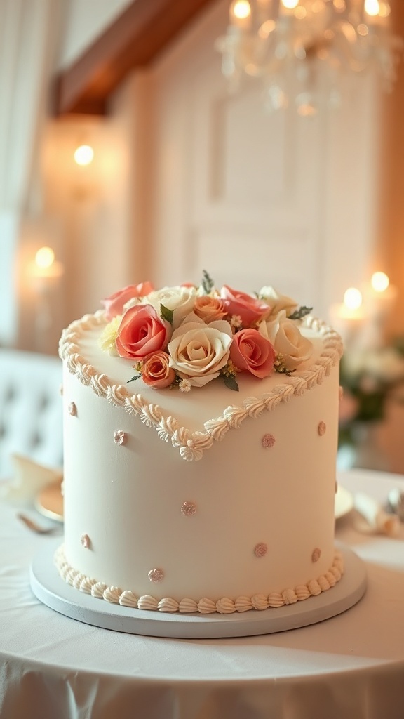 Heart shaped wedding cake with roses on top