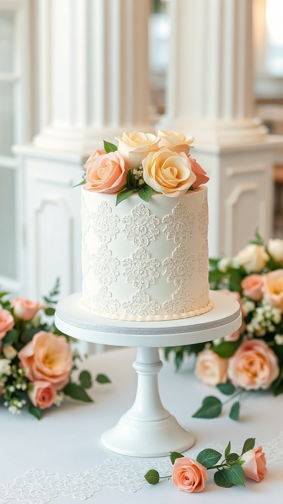 Single tier wedding cake with lace effect and roses on top.
