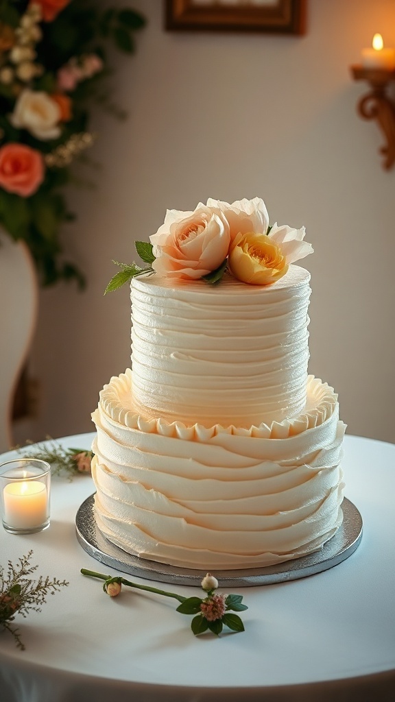 A simple ruffled wedding cake with pastel flowers on top