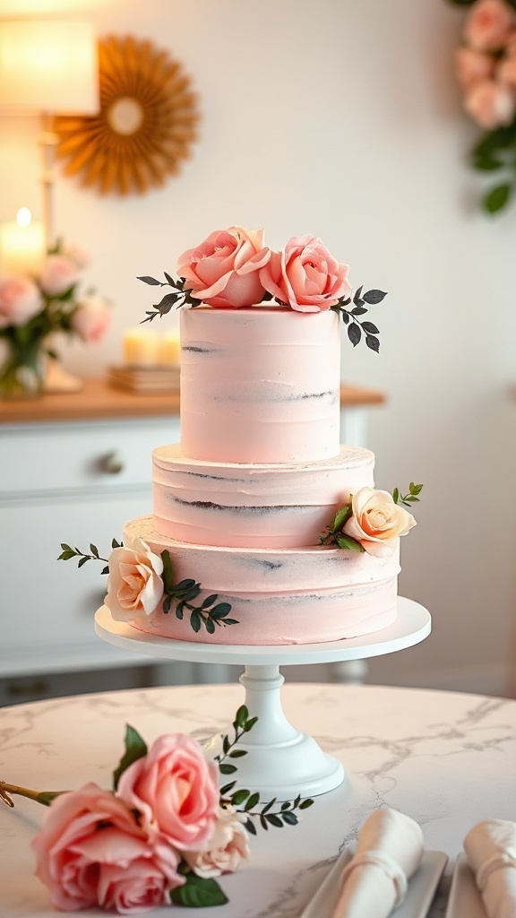 A three-tiered blush pink wedding cake decorated with roses and greenery.