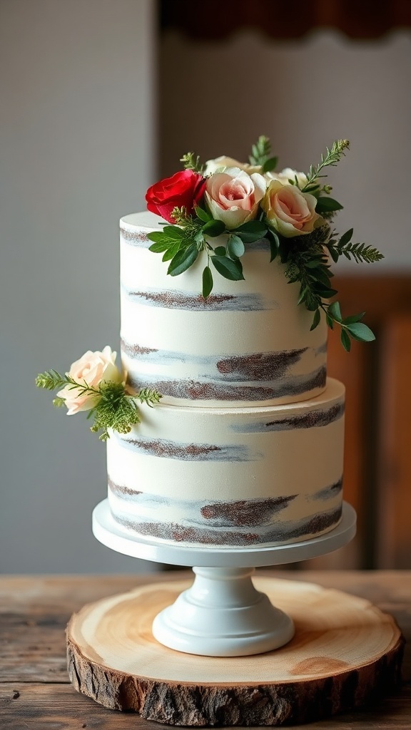 A semi-naked wedding cake with floral decoration on a wooden stand.