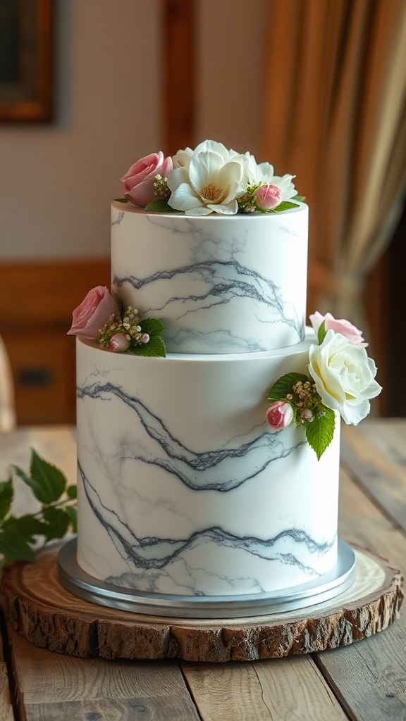A two-tier marble wedding cake decorated with flowers