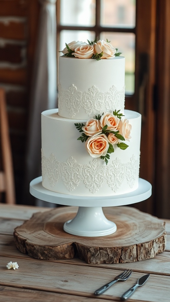 A beautifully decorated all white wedding cake with lace details and peach roses on top.