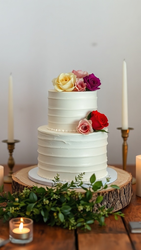 A simple two-tiered wedding cake decorated with colorful flowers and set on a wooden table with candles.