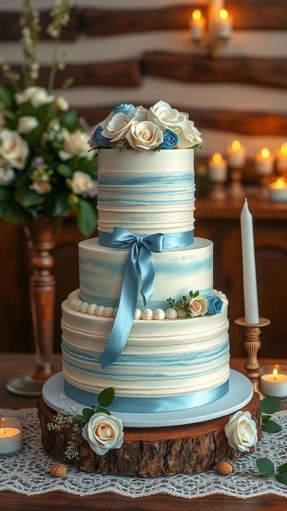 A simple blue and white wedding cake with flowers and a ribbon on a rustic wooden stand.