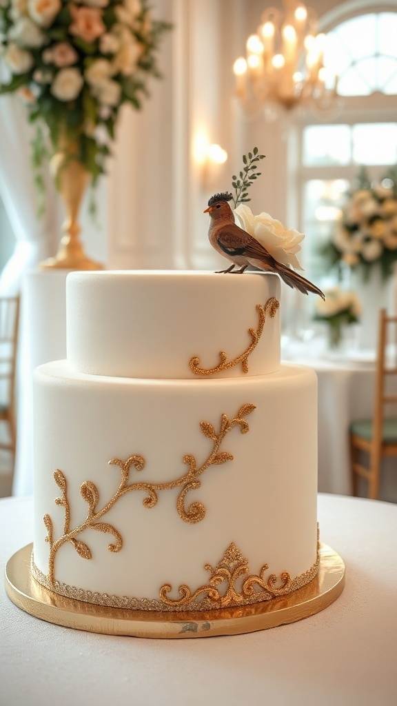 Elegant white and gold wedding cake with floral and bird decorations