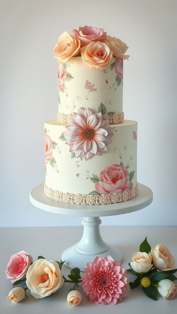 A two-tier wedding cake decorated with floral prints and fresh flowers.