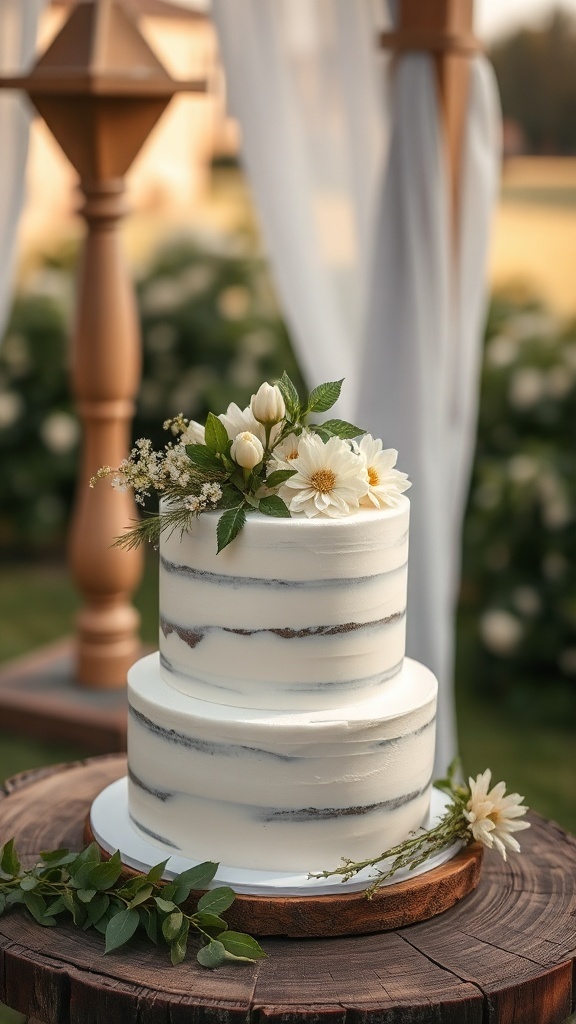 A simple two-tier wedding cake decorated with greenery and flowers, sitting on a wooden cake stand.
