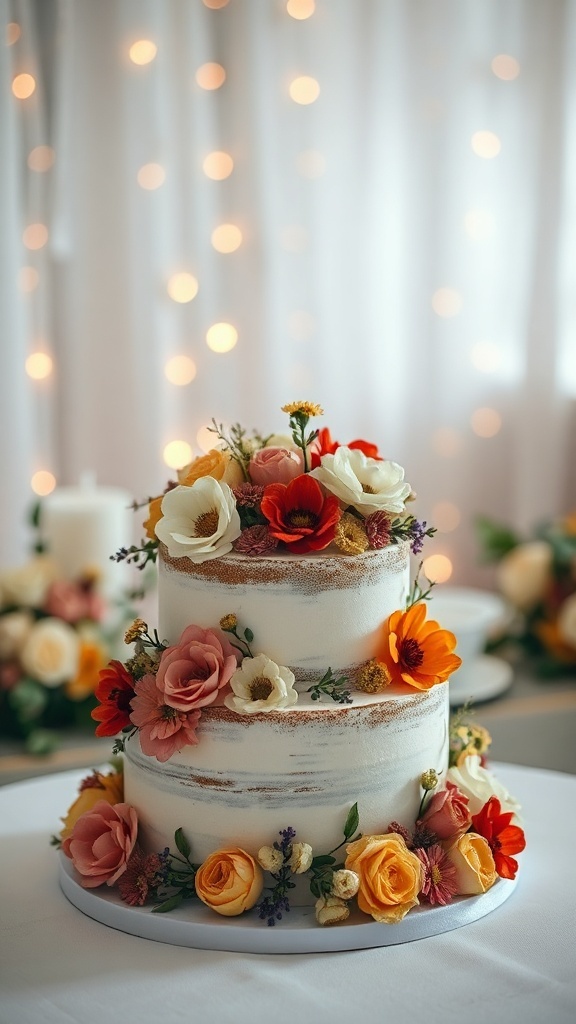 A three-tiered wedding cake decorated with dried flowers and a rustic finish.