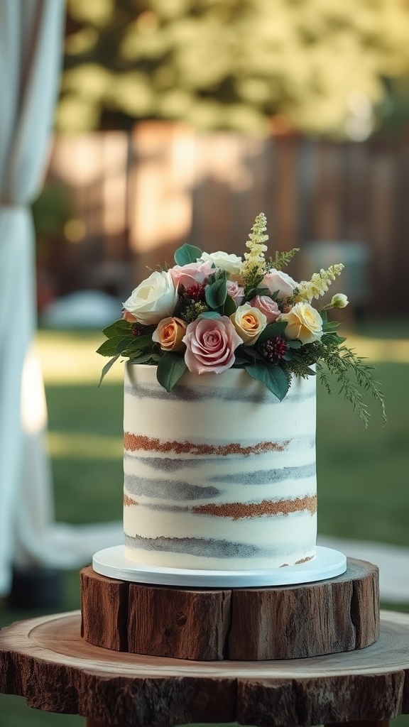 A rustic wedding cake adorned with rosy flowers on a wooden cake stand.