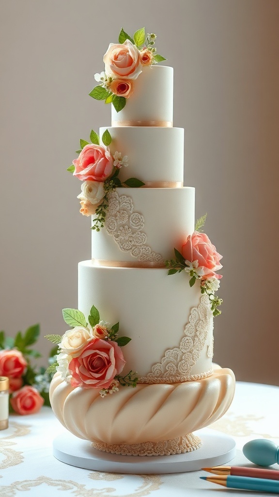 A tall, sculptural wedding cake decorated with flowers and lace.