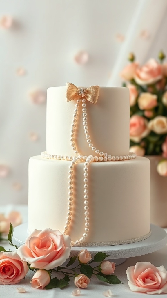 A beautiful two-tier wedding cake decorated with pearls and a bow, surrounded by soft pink roses.