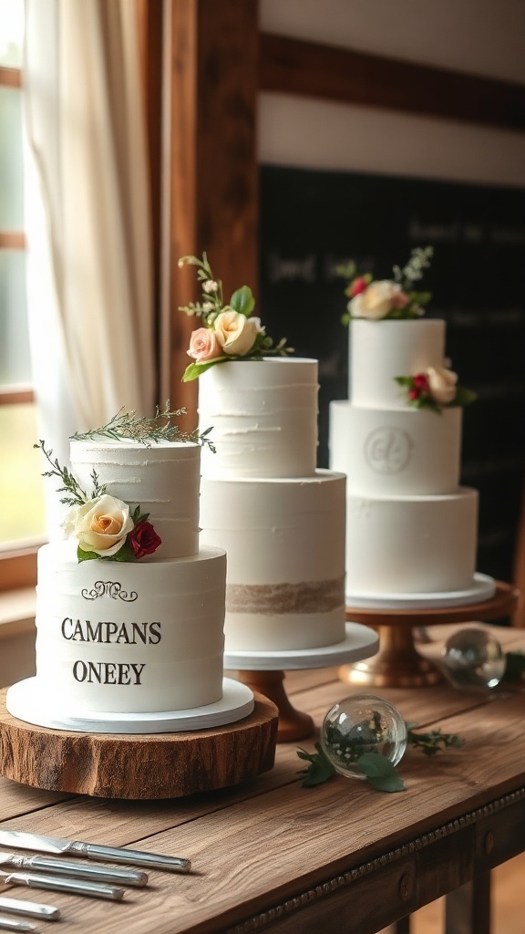 Three simple white wedding cakes decorated with flowers on a rustic wooden table.
