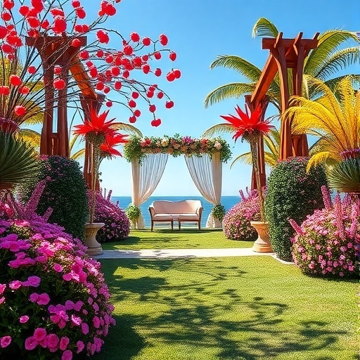 Wedding ceremony setup with vibrant flowers and a beautiful backdrop.