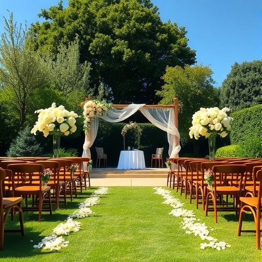 Outdoor wedding ceremony setup with floral decorations and chairs on a sunny day.