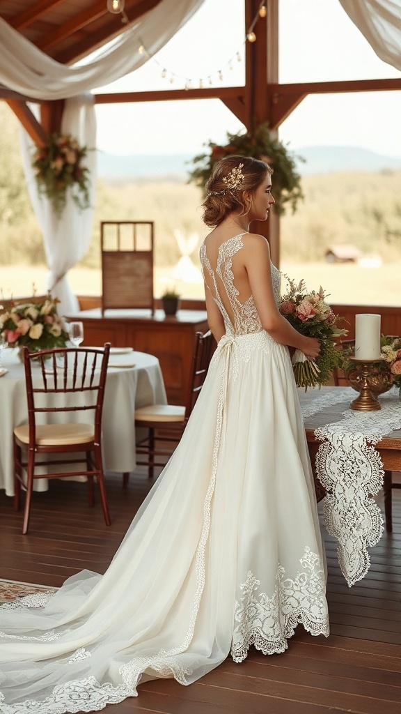 A bride wearing a lace wedding dress, standing in a rustic venue with floral arrangements.
