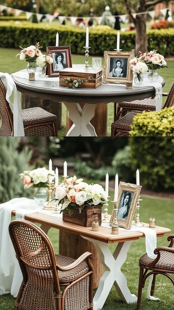 A vintage wedding decor setup featuring a table adorned with flowers, candles, and framed photographs.