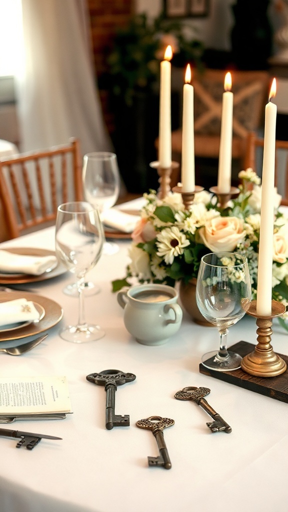 A table setting with vintage keys, candles, and flowers