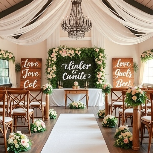 A beautifully decorated wedding venue with signs that say 'Love' and 'Dinner & Cantine' surrounded by floral arrangements.