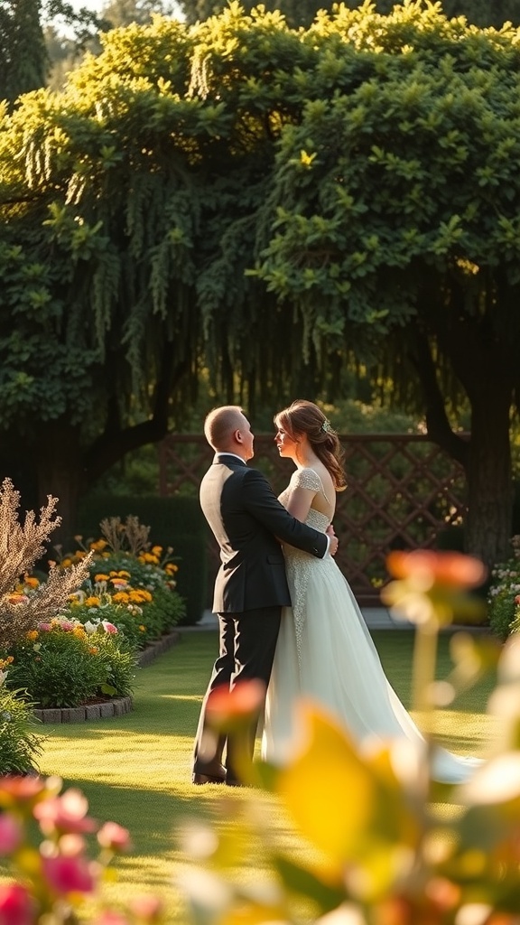 A couple sharing an intimate first look in a garden, surrounded by flowers and greenery.