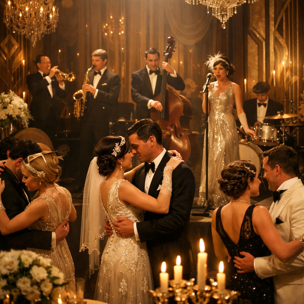 A lively 1920s wedding scene with a jazz band and dancing couples.