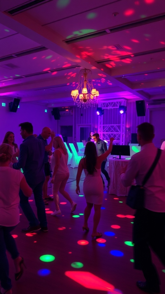 Guests dancing on a lively wedding dance floor with colorful lights.