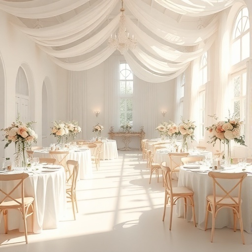 Wedding reception with light and airy color palette, featuring delicate flowers and elegantly set tables.