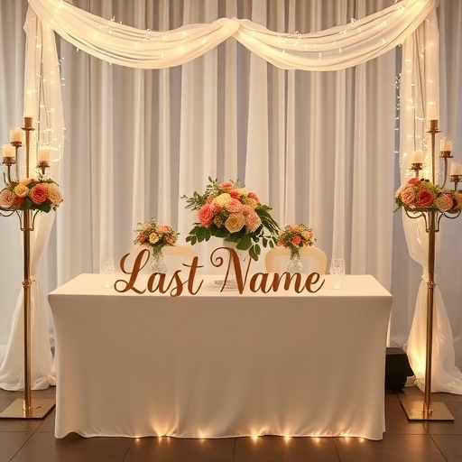 Sweetheart table decorated with a last name banner, floral arrangements, and draped fabric.