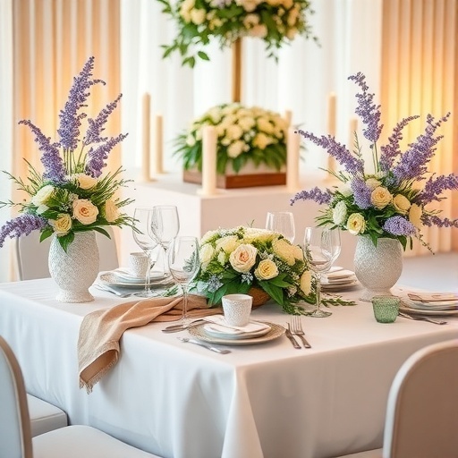 A beautifully decorated wedding table featuring lavender and white flowers, with touches of greenery.