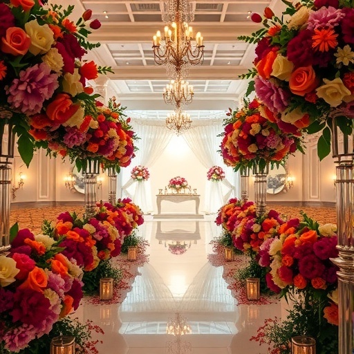 A beautifully decorated wedding aisle with vibrant floral arrangements.