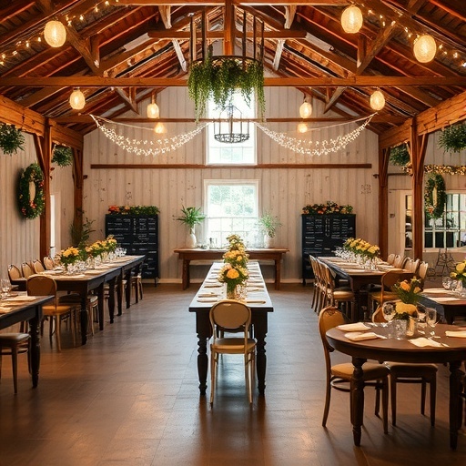A beautifully decorated rustic venue set up for a wedding reception with wooden tables, floral arrangements, and soft lighting.