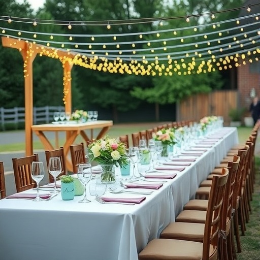 Elegant long wedding reception table decorated with flowers and fairy lights in an outdoor setting.
