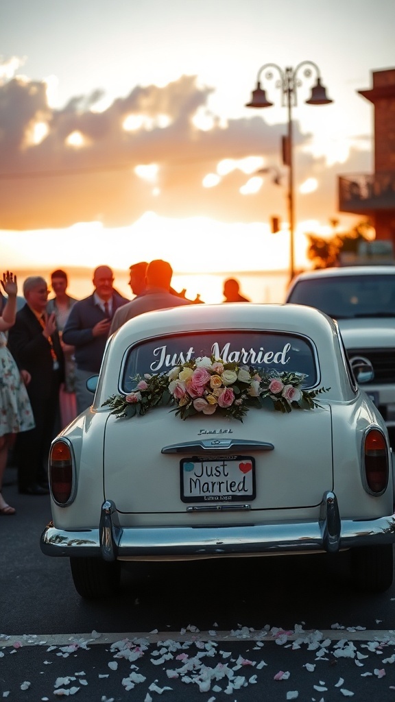 A vintage car decorated with flowers and a 'Just Married' sign at sunset as guests wave goodbye.