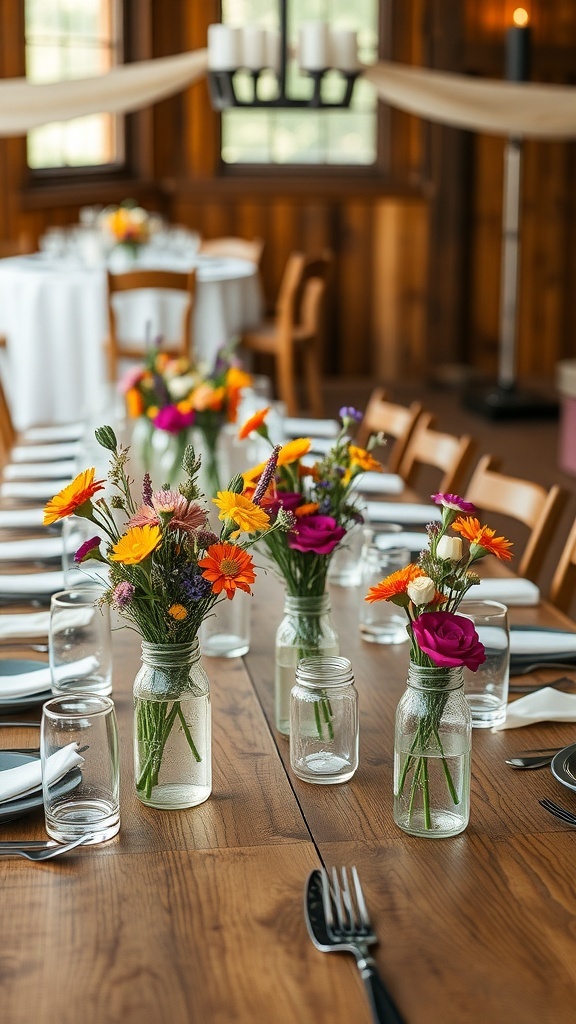 A table decorated with mason jar centerpieces filled with wildflowers.