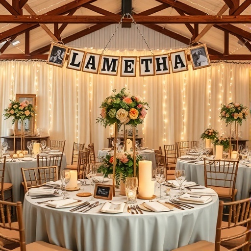 A beautifully decorated wedding reception with tables set up and a photo banner.