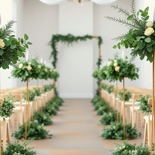 Wedding aisle decorated with minimalist greenery and elegant floral arrangements.
