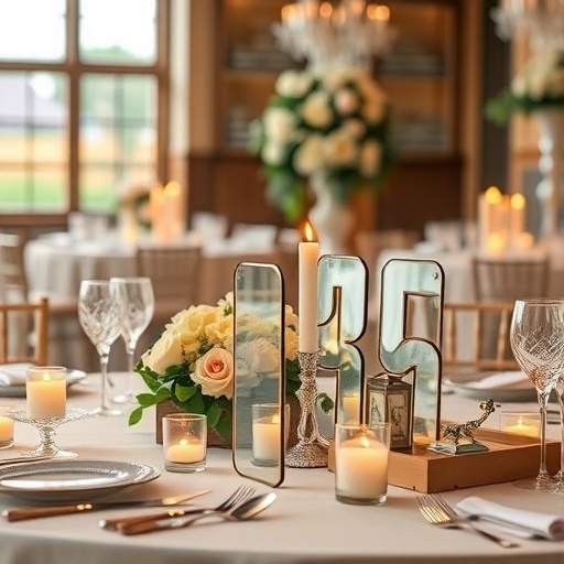 Elegant wedding table with mirror table numbers and floral arrangements