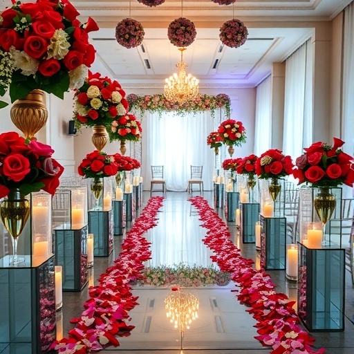 A wedding aisle featuring a mirrored surface, decorated with red roses and candles.