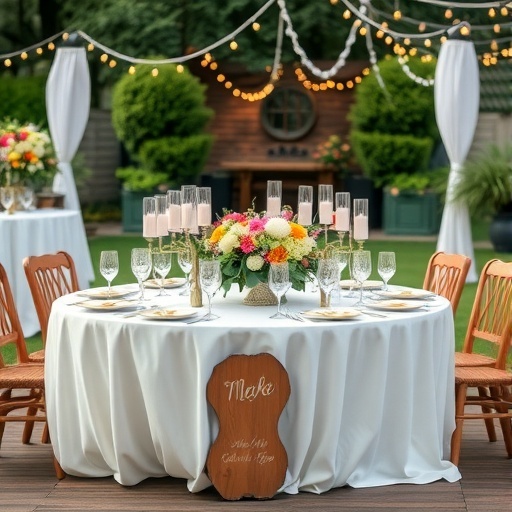 Romantic outdoor wedding table setting with floral centerpiece and candles.