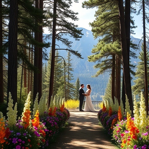 A couple stands together in a scenic mountain setting surrounded by colorful stock blooms.