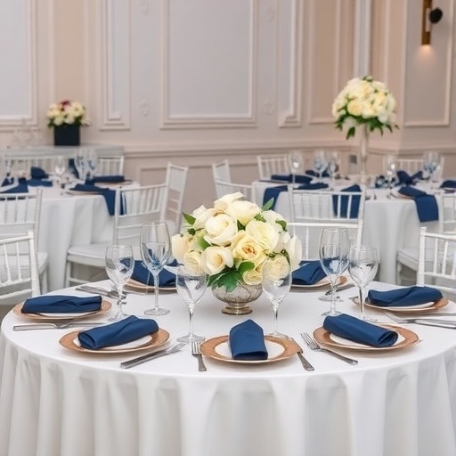 Elegant wedding reception setup featuring navy blue and white color scheme with tables, chairs, and floral arrangements.