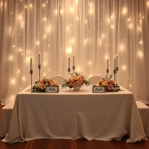 A beautifully decorated sweetheart table with candles and flowers, featuring signs with the names 'Riddly' and 'Barel'.