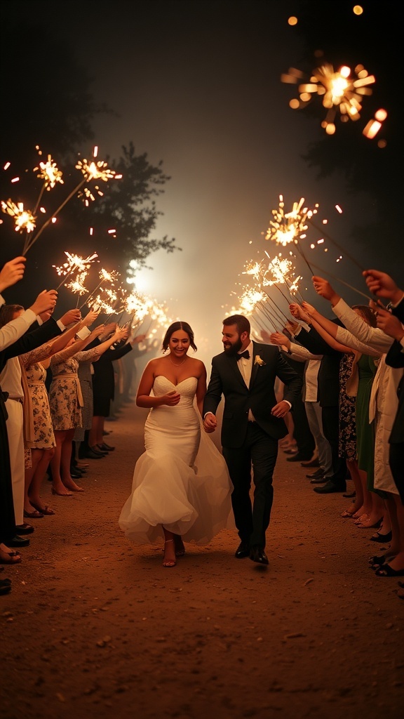 A couple walking through a sparkler send-off at their wedding night.