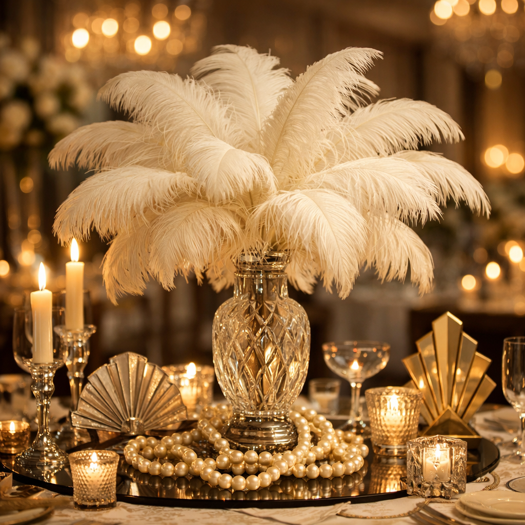 Elegant ostrich feather centerpiece in a crystal vase, surrounded by decorative candles and pearl accents.