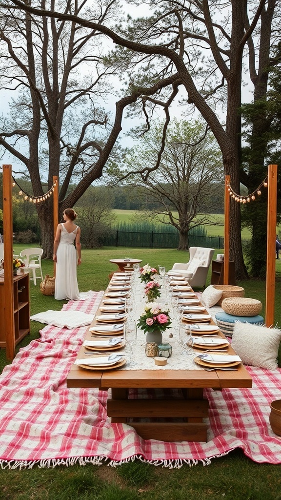 An elegant outdoor picnic reception setup with a long table, flowers, and cozy seating.