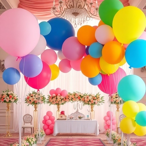 Colorful oversized balloon decorations at a wedding venue.