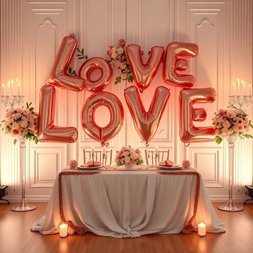 A wedding sweetheart table decorated with oversized letter balloons spelling out 'LOVE', surrounded by flowers and candles.