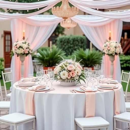 Wedding table decorated with pale pink and baby blue elements.