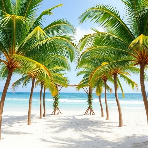 A beach wedding aisle decorated with palm fronds and floral arrangements next to the ocean.